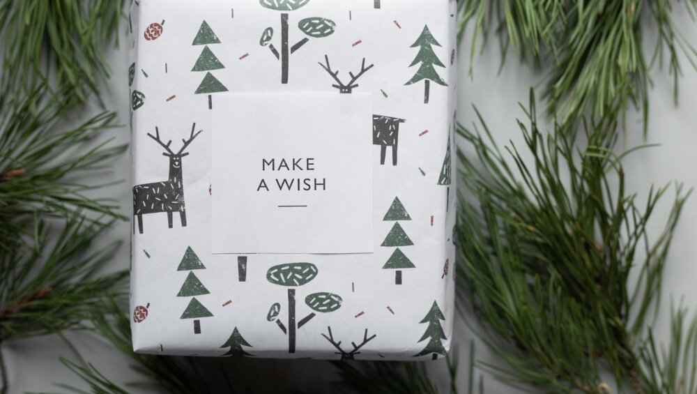 wrapped new year present box placed among coniferous branches